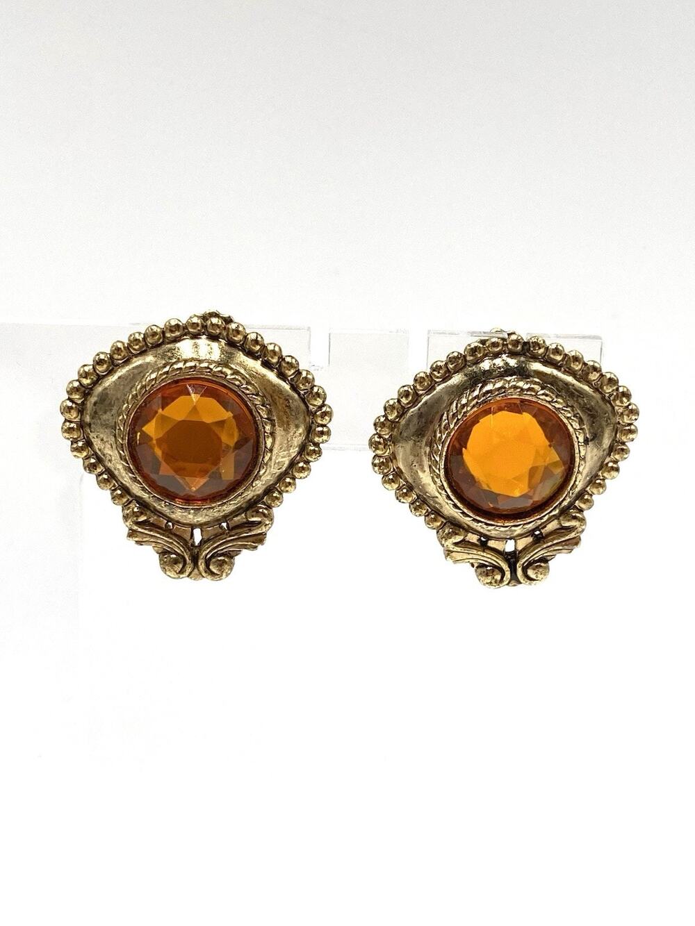 Vintage Clips Clip Ons Vintage Earrings Orange Cabochon Plastic Gold Tone